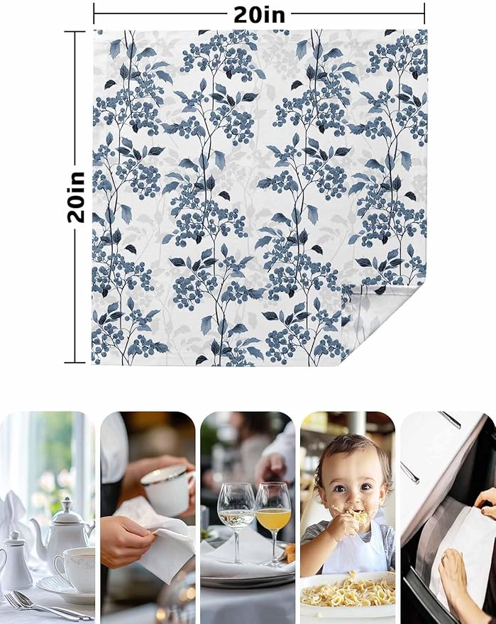 Blue Floral Plant Cloth Napkins Set of 6 - Washable Dinner Napkins Reusable Table Napkins for Home Party Weeding Dining Table Setting Decor,Oversized Grey Modern Minimalist White Floral Spring Summer
