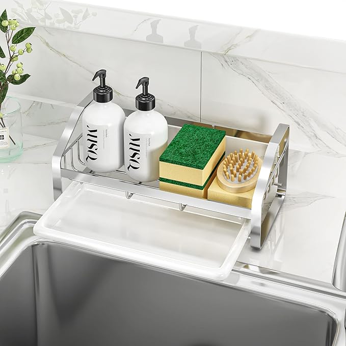 BSKSSK Sink Caddy,Sponge Holder for Kitchen Sink, Kitchen Bathroom Sink Organizer,304 Stainless Steel Kitchen Countertop Organizer Soap Tray with Removable Drain Tray Length Version - Silver