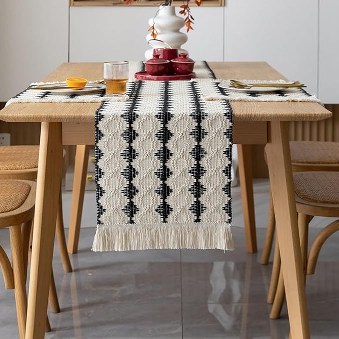 Boho Table Runners with Tassels 72inches, Macrame Farmhouse Table Runner for Dining, Bedroom & Kitchen Decor (Black and White)