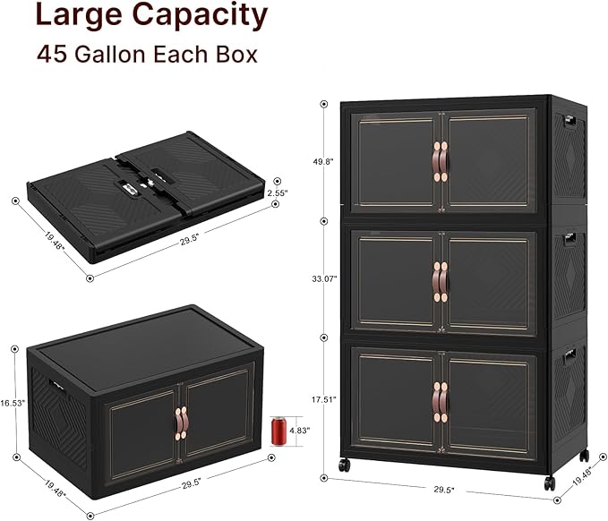 UAMFURI Stackable Storage Bins with Lids, 540QT Lockable Storage Cabinet, Foldable Storage Box with Doors and Wheels, Plastic Drawers for Home, Garage, Office (3, Black, Extra Large)