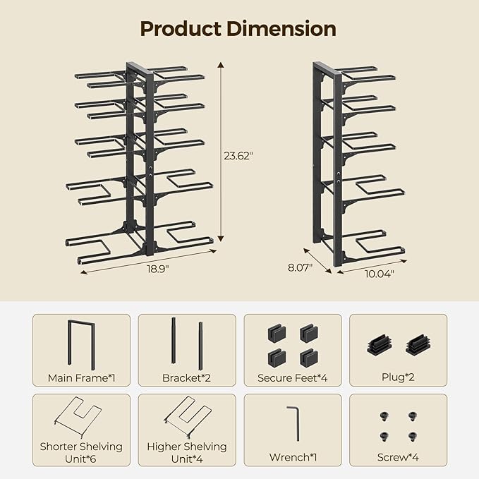 LAMU 10-Tier Pots and Pans Organizer under Cabinet, 23.62" Height Heavy Duty Pots Pans Organizer Rack for inside Cabinet Adjustable for Big Stockpots, Dutch Oven, Cast-iron Pans, Heavy Cookware