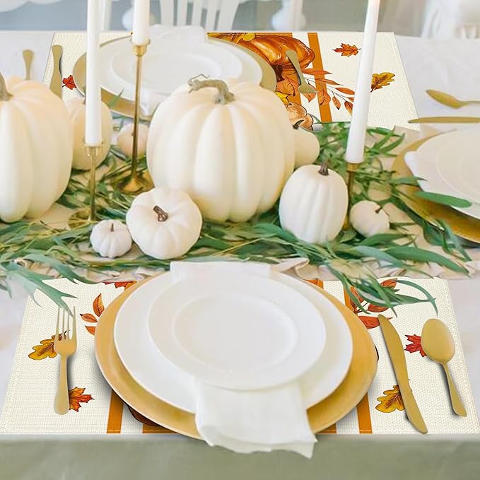 Niviy Pumpkins Thanksgiving Fall Maple Leaves Placemats Set of 4, 12x18 Inch Autumn Thanksgiving Indoor & Outdoor Table Mats for Holiday Party Kitchen Dining Room Decoration