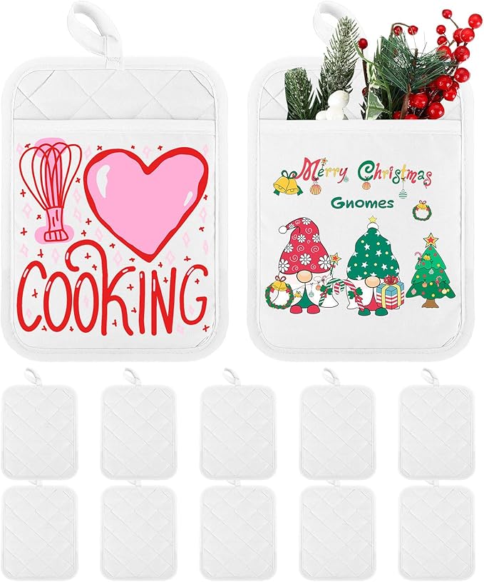 Hoolerry 10 Pieces Pot Holders with Pocket Sublimation 7x9'' Cotton Oven Pot Holders Bulk with Hanging Loops Pads for Kitchen Cook Baking (White)