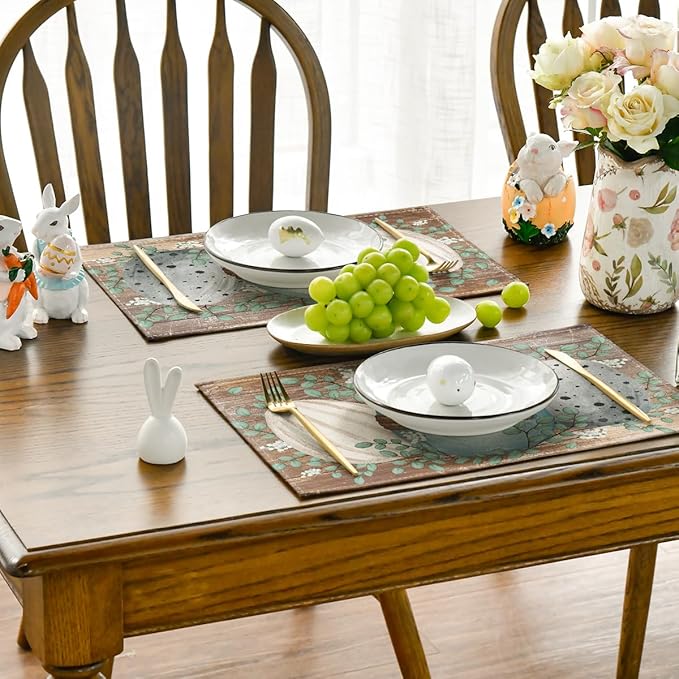 Artoid Mode Wood Eucalyptus Eggs Easter Placemats Set of 4, 12x18 Inch Spring Seasonal Table Mats for Party Kitchen Dining Decoration