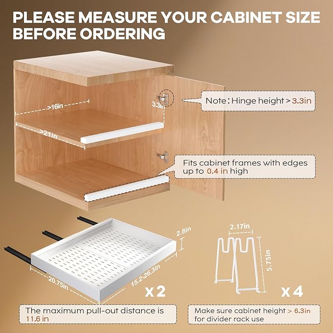 Seinloes 2 Pack Pull out Cabinet Organizer 21" Deep With Raising Pad for Framed Cabinets,Expandable (15.2"-26.3"W) Slide out Drawers for Kitchen Cabinets with 4pcs Divider Racks,Roll out Shelves,White