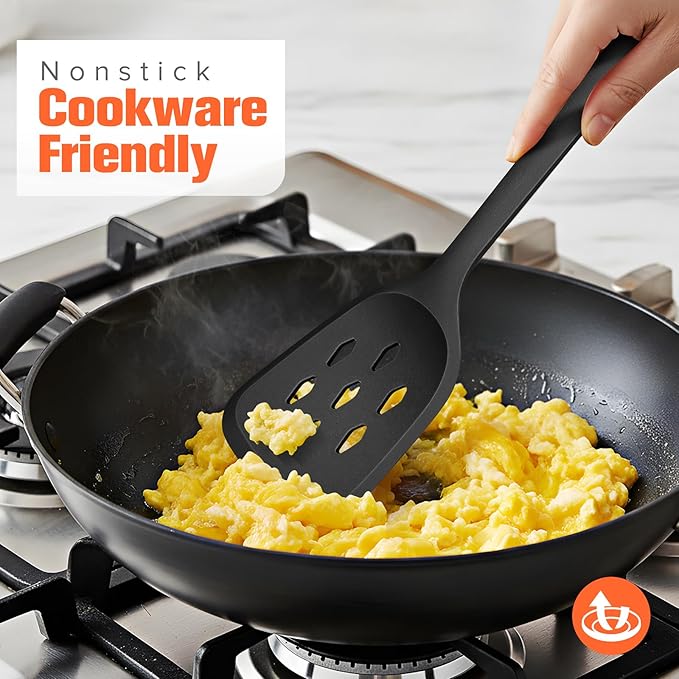 Silicone Cooking Spatula&Slotted Spatulas, Pack of 2,Solid Turner Kitchen Utensils Set for Cooking,Frying, Baking, Flipping, Turning,Heat Resistant 450℉ (BLACK)
