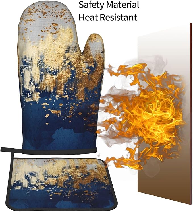 Blue and Gold Watercolor Abstract Oven Mitts and Pot Holder Sets of 3, Non-Slip Heat Resistant Decor Navy Kitchen Gloves with Hanging Loop for Cooking Baking Grilling, Kitchen Gifts for Cooking Lover