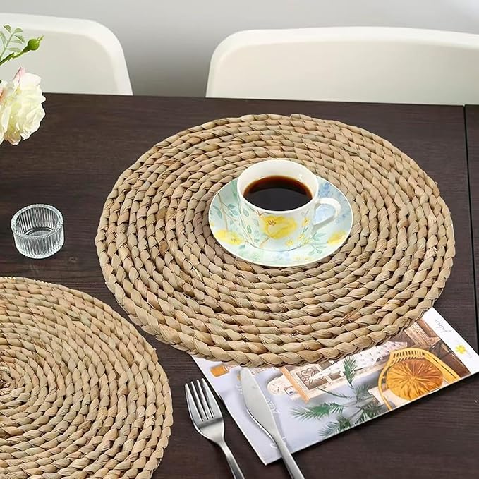 6Pcs 12" Round Woven Rattan Placemats,Natural Hand-Woven Water Hyacinth Placemats,Farmhouse Weave Place Mats,Rustic Braided Wicker Table Mats (12inch Set of 6)