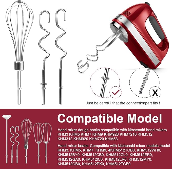Hand Mixer Attachments Beater, Whisk, Blending Rod and Dough Hooks, Stainless Steel Hand Mixer Accessories Compatible with Kitchenaid Hand Mixers KHM3 KHM5 KHM7 KHM9, Set of 6