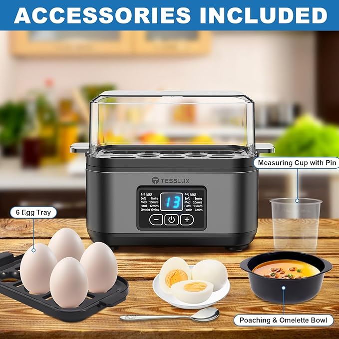 Tesslux Electric Rapid Egg Cooker, 6 Egg Capacity for Hard Boiled Eggs, Poached Eggs, Scrambled Eggs, or Omelets Maker with Auto Shut Off (Gray)
