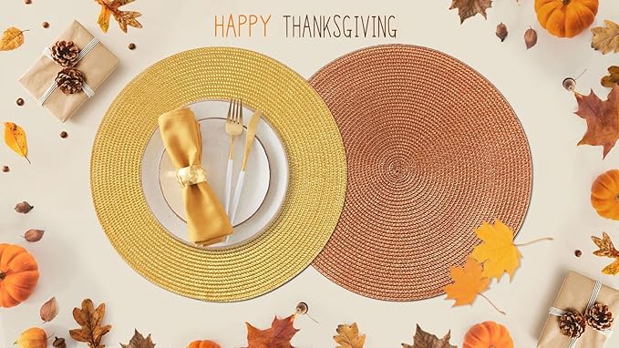 FunWheat Round Braided Placemats Set of 4 Table Mats for Dining Tables Woven Washable Non-Slip Place mats 15 inch(Pumpkin Yellow,4pcs)