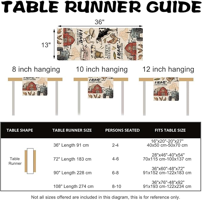 Farm Animals Dining Table Runner, Farmhouse Country Cow Lamb Pig Chicken Duck Barn Tractor Burlap Kitchen Decoration, Farmer Market Indoor Outdoor Sweet Home Decor Party Supply 13 x 36 Inches