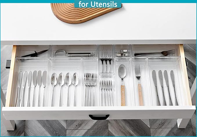 DCA 44 PCS Clear Drawer Organizers Set, 4 Size Versatile Bathroom and Vanity Organizer Trays, Cosmetic Display Cases for Makeup, Jewelries, Bedroom, Kitchen Utensils and Office