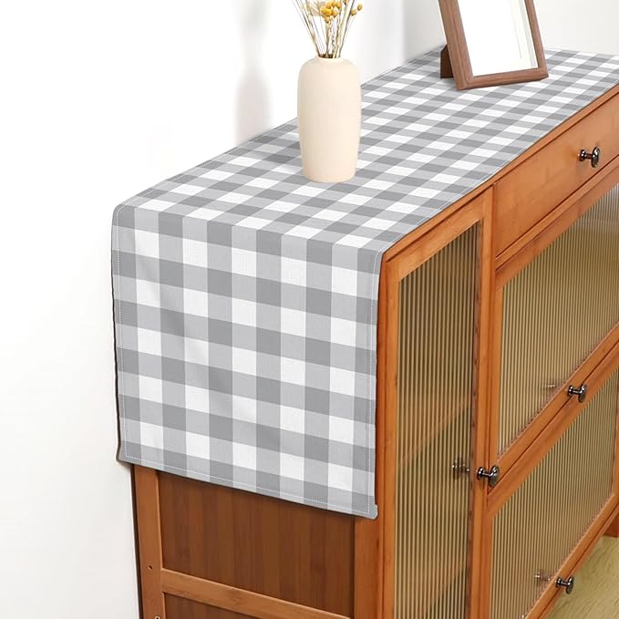 Grey and White Checkered Table Runner Gingham Birthday Wedding Baby Shower Party Decoration BBQ Picnic Dining Room Home Kitchen Table Decor (Grey, 13" x 72")