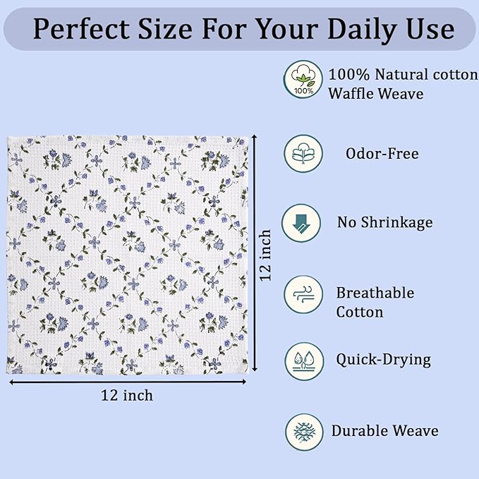 Ridhi Powder Blue Hand Block Print Cotton Waffle Dish Cloth Set of 12-12x12 Inch Super Absorbent, Soft, Reusable Kitchen Towels for Dish Drying Cleaning, Ideal for Spring, Easter, Valentine