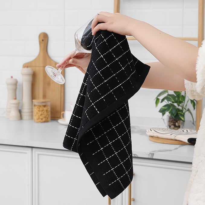Homaxy 100% Cotton Terry Kitchen Towels(Black, 20 x 28 inches), Checkered Designed, Soft and Super Absorbent Dish Towels, Large 8 Pack