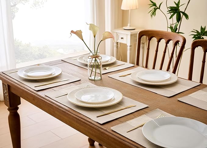 Wracra Linen Placemats, 12 x 18 Inch Set of 4 Placemats, Farmhouse Macrame Place Mats for Kitchen Table and Heat Resistant-Hemstitch Light Coffee 4PCS