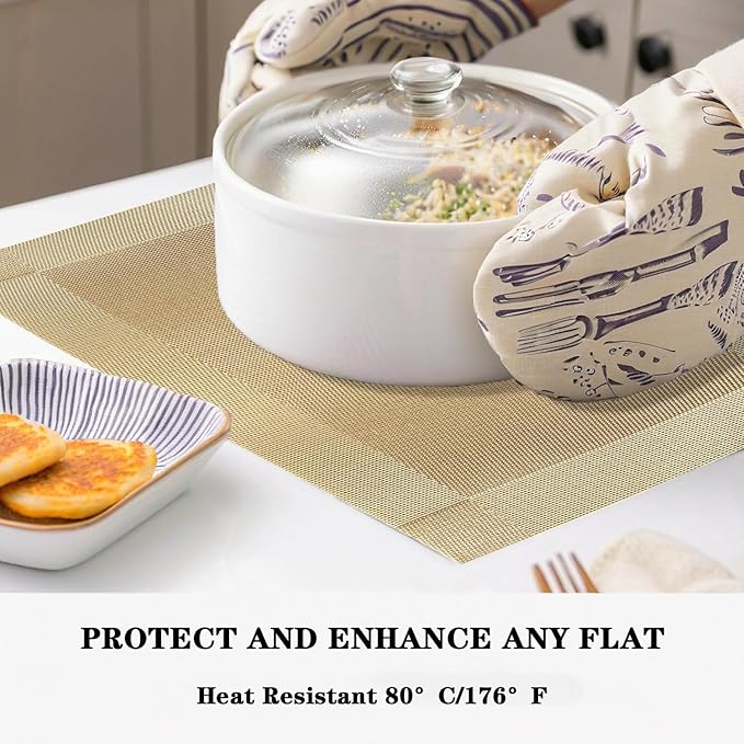 Frame Gold Placemats Set of 2 - Heat Resistant Non-Slip Place mats for Dining Table, Washable Durable PVC Vinyl Woven Table Mats (Frame Gold, 2)