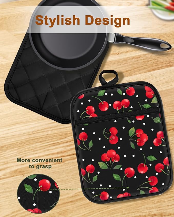 Swooflia 100% Cotton Pot Holders 2 Pack Set for Kitchen with Pockets - Cute 440°F Heat Resistant Oven Hot Pads Heavy Duty for Countertop Home Cooking Baking Microwave BBQ Cherry