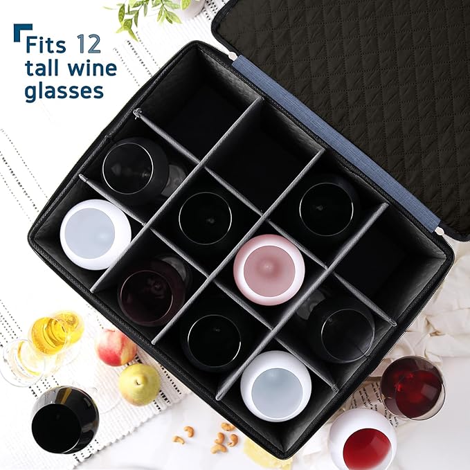 Hearth & Harbor Wine Glass Storage Box with Dividers, Quilted and Stackable Stemware Storage Cases, Service of 12 Glass China Container Hard Shell for Moving and Organization, Blue