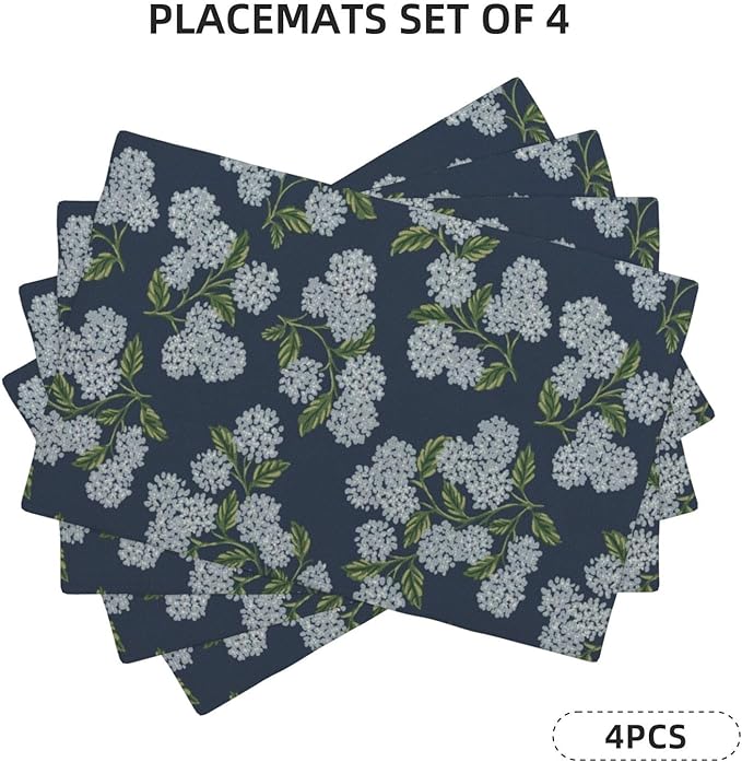 Navy Blue Placemats Set of 4 Blue Green Hydrangea Flower Decor Place Mats 12x18 Inch Vintage Floral Spring Summer Seasonal Decorative Linen Table Mats for Kitchen Dining Party Table Decoration