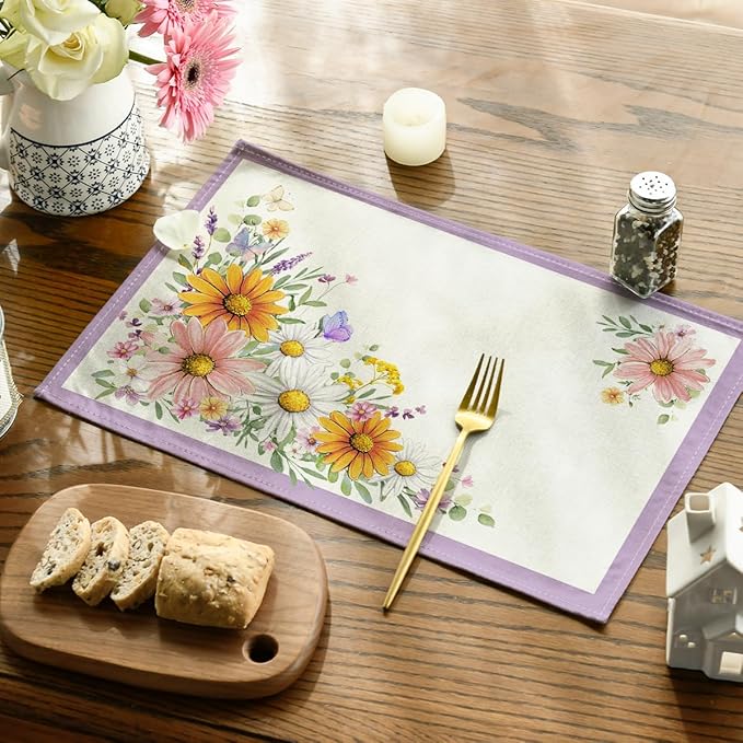 Artoid Mode Purple Sunflowers Butterfly Spring Placemats Set of 4, 12x18 Inch Seasonal Summer Holiday Table Mats for Party Kitchen Dining Decoration