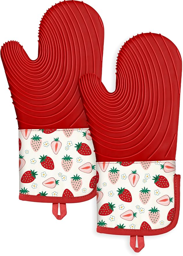 Slohif Long Silicone Oven Mitts Heat Resistant for Women - 2 Pcs Strawberry 100% Cotton Oven Gloves, Non-Slip and Waterproof Silicone Oven Mitts with Hanger for Baking and Cooking