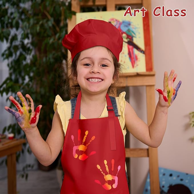 Kids Apron and Chef Hat Set, 16 Pieces Boys Girls Christmas Kids Apron with 2 Pockets Adjustable for Cooking Classroom Baking Painting, 6-13 Years(Red, Green)