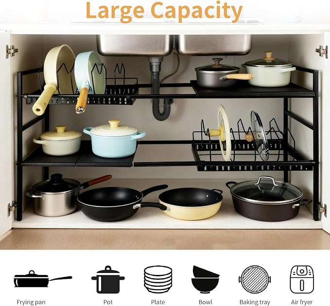 Pots and Pans Organizer Under Cabinet, Expandable Length, Adjustable Height Under Sink Shelf 2 Tier with 10 Dividers Under Cabinet Shelf, Pot and Pan Lid Holder Rack (Black)