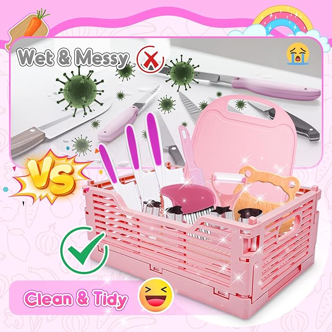 Kids Kitchen Knife Set for Real Cooking & Basket,Montessori Toys for 3 4 5 6 7 8 9 10 Year Old Girls Birthday Gifts, Toddler Knife Set, Toddler Kitchen Tools