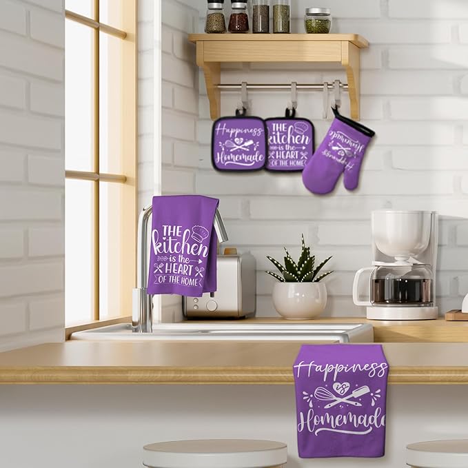 Sratte 6 Pcs Kitchen Decor Accessories Set Farmhouse Towels Pot Holders Oven Mitts Set 2 Dish Towels 2 Potholders 2 Cooking Mittens Oven Glove for Christmas Baking Cooking (Purple,Kitchen)