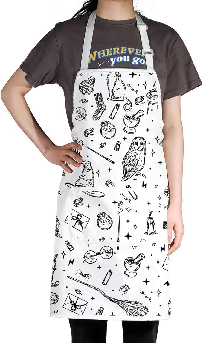 WZMPA Magic Wizard Kitchen Apron With Pockets Spooky Witch Gift Gothic Magic Adjustable Apron For Cooking Baking Grilling