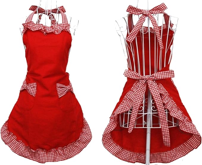 Hyzrz Cute Fashion Cotton Red Aprons for Women Girls Vintage Cooking Retro Apron with Pockets for Mother's day Gift