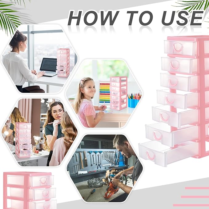 Thyle 2 Pcs Plastic Drawers Organizer Mini Organizer Stackable Plastic Clear Drawer Storage Box Containers Storage Units for Desktop Classroom Craft 6.7 x 4.9 x 13.4 inches(Pink)