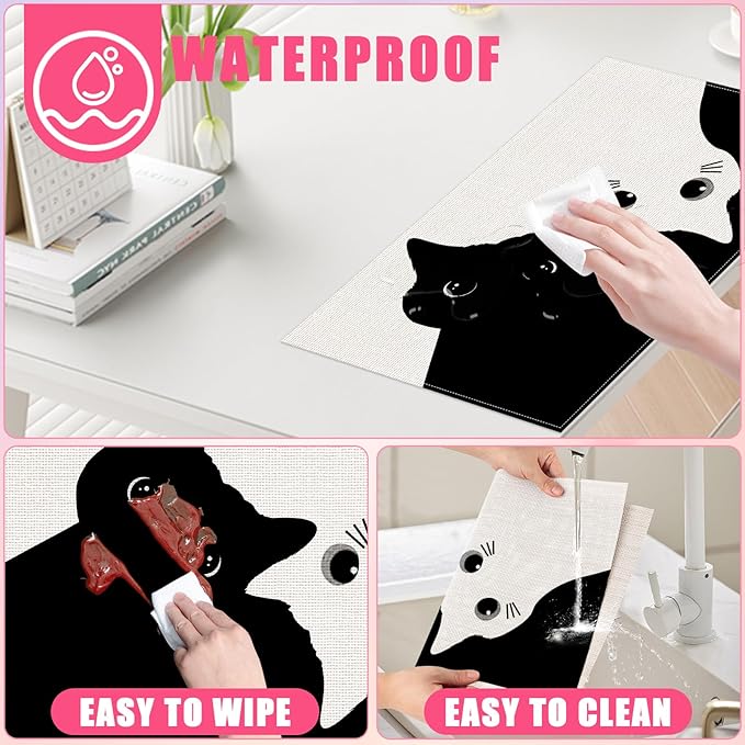Cute Black White Cat Placemats Set of 6,12x18 Inch Animals Linen Place Mat Washable Stain Resistant Table Mats for Spring Summer Seasonal Farmhouse Kitchen Party Home Decor