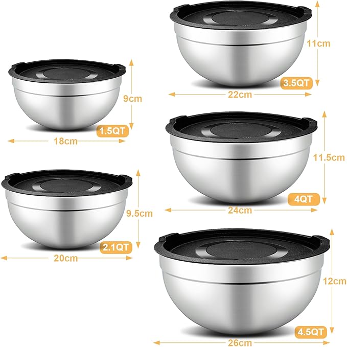 hunnycook 5 Piece Mixing Bowl Set - Mixing Bowls with Lid, Stainless Steel Mixing Bowls for Baking, Size 1.5, 2.1, 3.5, 4, 4.5QT, Baking Bowl for Food Preparation, Mixing and Serving Foods