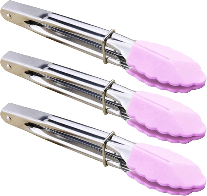 HINMAY 7-Inch Serving Tongs with Silicone Tips Clam Shell Mini Tongs, Set of 3 (Pink)