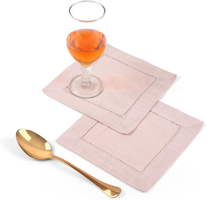 FINGERCRAFT Cocktail Napkins 6 x 6 Inch Premium Quality Cotton, Generous Hemstitch and Mitered Corner Set of 12 Coaster Cloth Pink