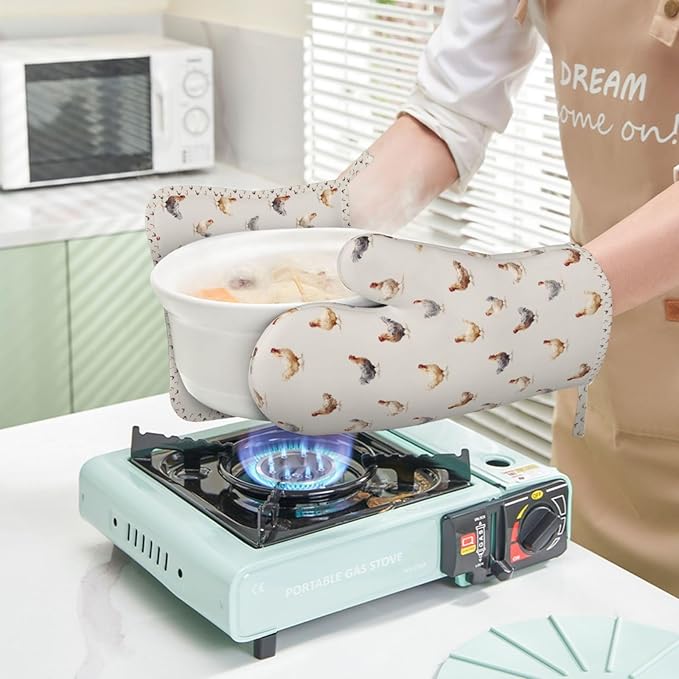 Oven Mitts and Pot Holders Chicken Pattern Silicone Kitchen Accessories Set of 2 Heat Resistant Long Gloves Potholder Non-Slip Grip for Chef Cooking,Baking,Grilling,BBQ