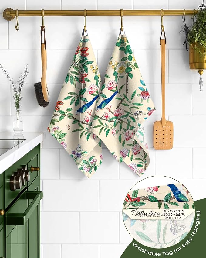 Miss Adola Flour Sack Kitchen Towels - Set of 2 Spring Dish Towels with Hanging Loop 18x26 Inch Absorbent Reusable Cotton Cloths for Cleaning Cute Design Home Decorative Housewarming, Leaf Flower Bird