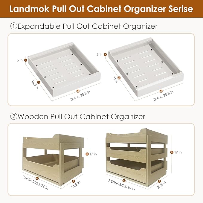 1 Pack Expandable Pull Out Cabinet Organizer 16.5" Deep, Adjustable Width 12.6"-20.5", No Drill Adhesive with Triple Track Rails, Heavy Duty Slide Out Drawers for Kitchen,Pantry,Cabinets,White