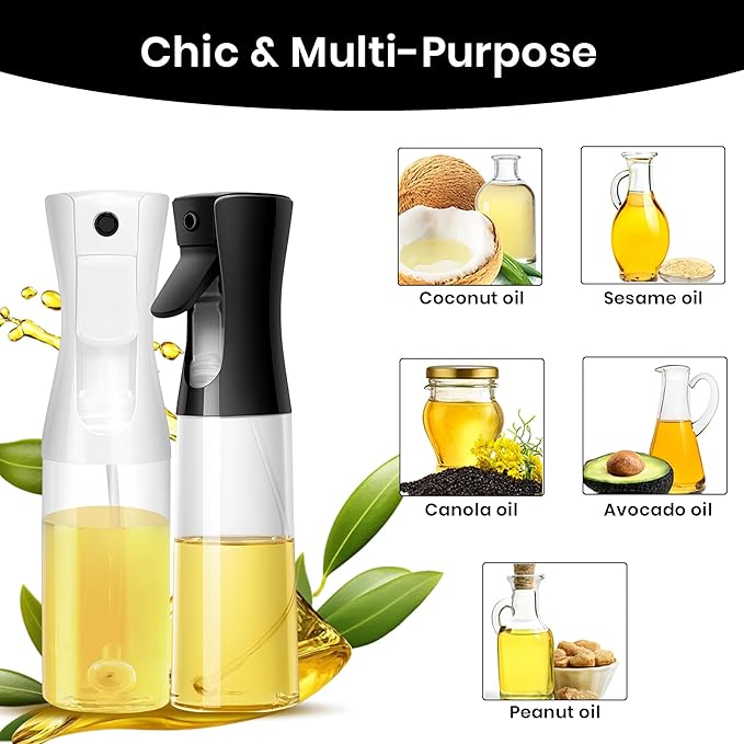 Oil Sprayer for Cooking, 200ml Glass Olive Oil Spray Bottle Mister, for Air Fryer, Salad, BBQ, Baking, Frying, Refillable Dispenser for Olive, Canola, Vinegar, Pack of 2