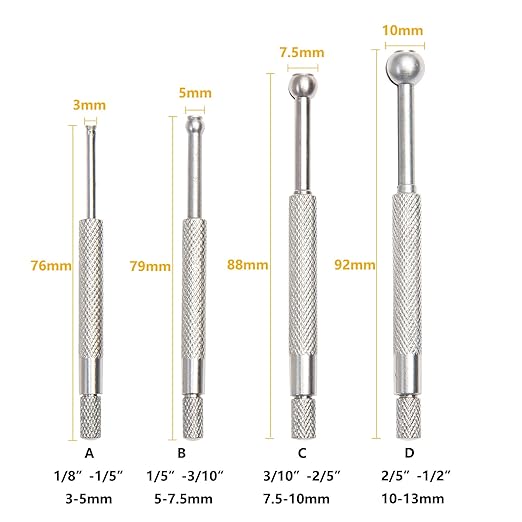 Beslands Hole Gauge Set, 1/8" to 1/2" Range, Telescoping Bore Gauge, Ball Type Small Telescopic Gage, 4 Pcs Full Round, inch/mm, High Precision (1/8" to 1/2")