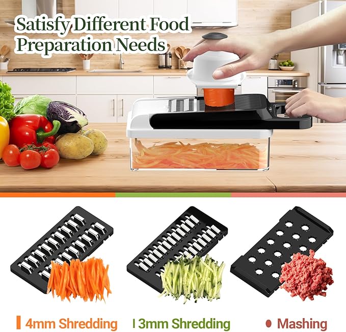 StoreHappily 12-in-1 Vegetable Chopper, 7 Blades Veggie Chopper with Container and Lid, Dicer, Slicer, Multifunctional Kitchen Gadgets, Vegetable Cutter with Handle, Onion Cutter(Black/White)