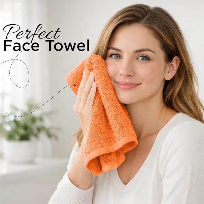 DAN RIVER 12-Pack Premium 100% Cotton Orange Face Towels for Bathroom - Reusable Face Wash Cloths for Showering 12x12 Inches - 550 GSM Super Soft & Absorbent Luxury WashCloths for Body, Spa & Gym