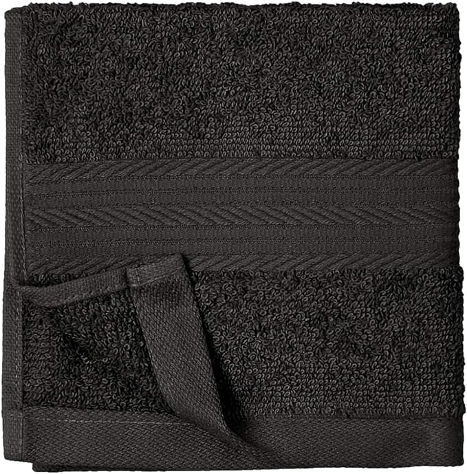 Amazon Basics Cotton Washcloths for Face, Soft, Absorbent, 12-Pack, Black, 12 Inch x 12 Inch