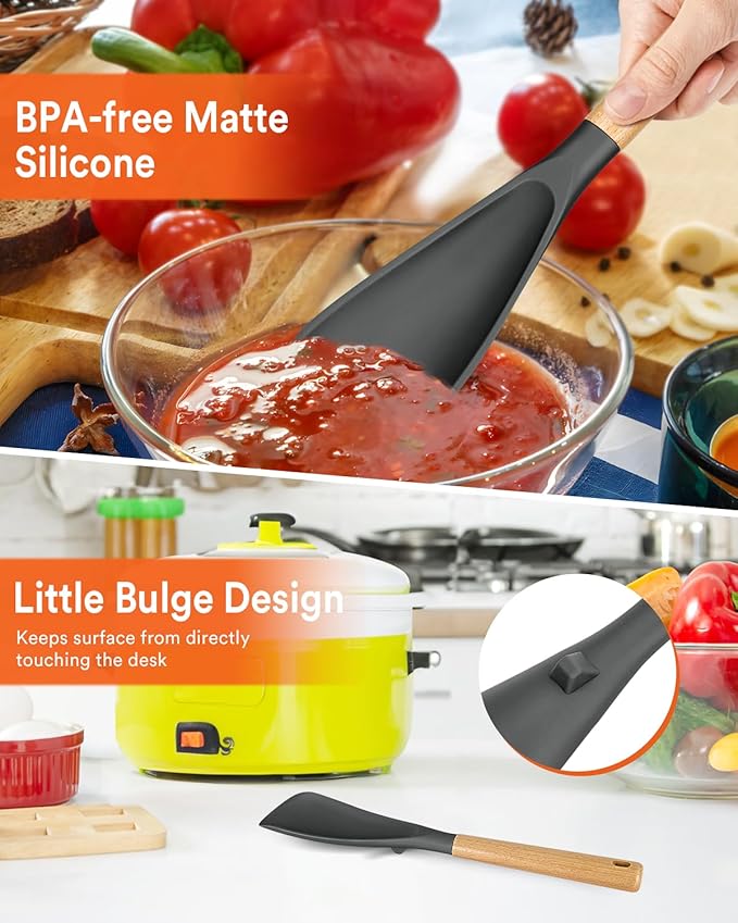 Cooking Spoon for Nonstick Cookwares, Great for Cooking and Serving Sturdy BPA-Free Matte Silicone, Wood Handle Spoon for Mixing, Scoop, and Scrape (2 Pack of Grey, 13.4 inch)