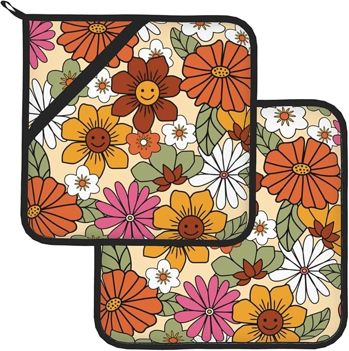 Boho Pot Holders 2PCS,Potholders for Kitchen Heat Resistant Microwave Cooking Baking Oven and Dishes and BBQ Gifts for Women(Retro Groovy Flower)