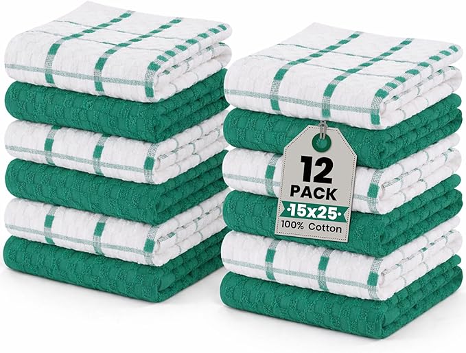 GOLD TEXTILES Kitchen Towels 12 Pack Premium 100% Cotton Dish Towels for Kitchen (15 x 25 Inches) Super Soft & Absorbent Hand Towels for Drying Dishes- Reusable (Green)