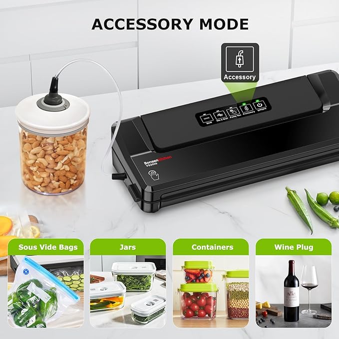 Bonsenkitchen Vacuum Sealer Machine | Compact Food Sealer for Kitchen Storage & Meal Prep | Multiple Modes | External Vacuum System | 5 Bags, Black